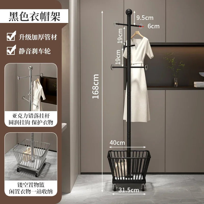 Standing Coat Rack with Basket, Entryway Coat Hanger Stand, Mobile Clothes Storage Rack with Wheels, Hallway