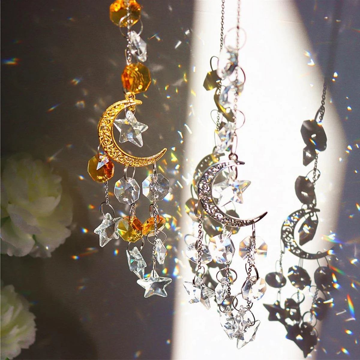 2024 New Home Decor Moon Star Crystal Sun Catcher Garden Light Collection Ornaments Hanging Prism Pendant Decoration Craft