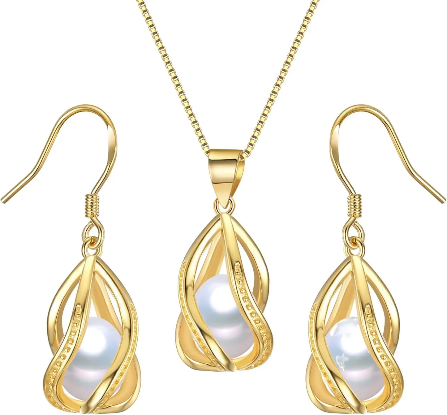 YWYC Gold Color Chain Pendant Necklace 8-9mm Natural Freshwater Pearl in Cage Pendant & Drop Earrings Jewelry Set for Women