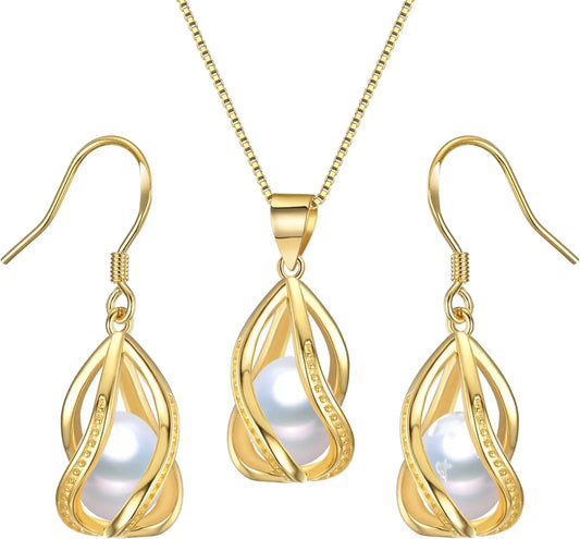 YWYC Gold Color Chain Pendant Necklace 8-9mm Natural Freshwater Pearl in Cage Pendant & Drop Earrings Jewelry Set for Women
