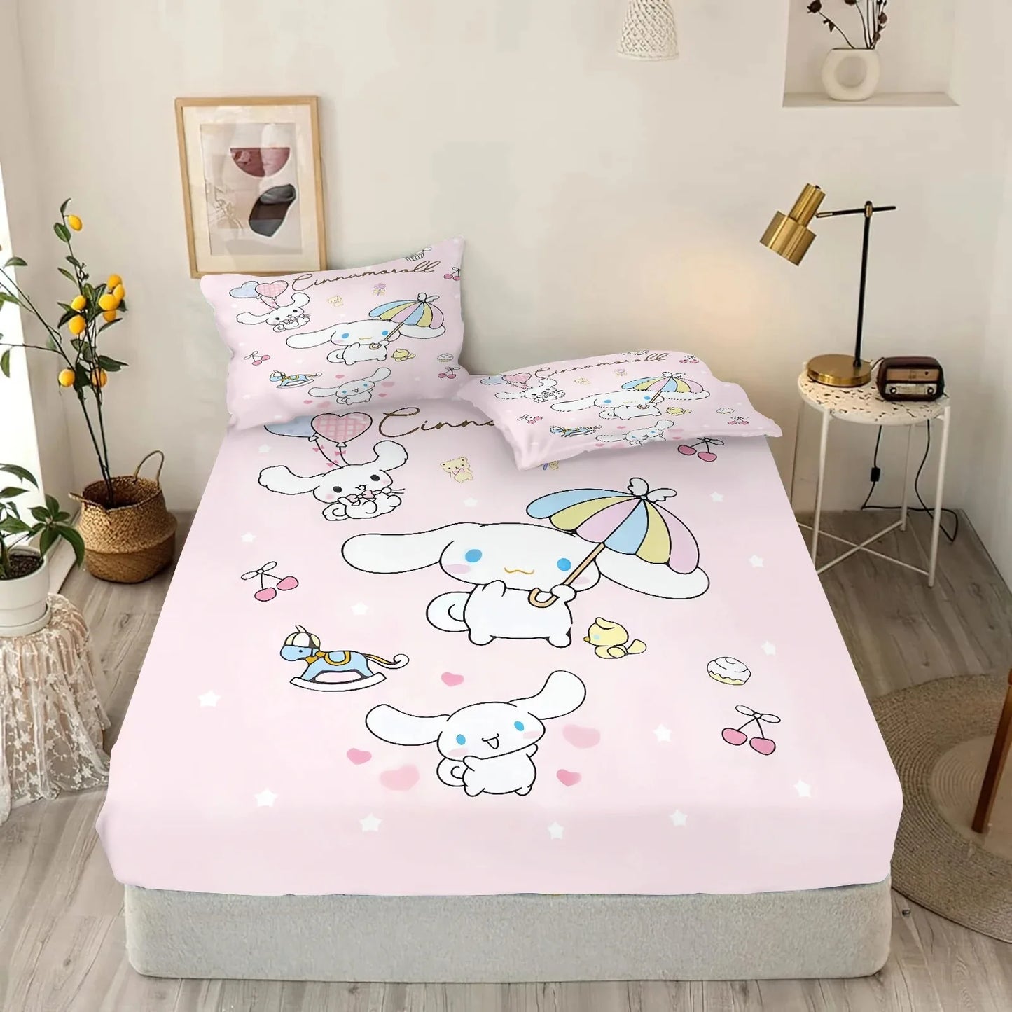 Cinnamoroll BedSheet With Pillowcase,Single/Queen/King Fitted Sheet,Girl Boy Adult Fitted Sheet with Elastic Band,Birthday Gifts