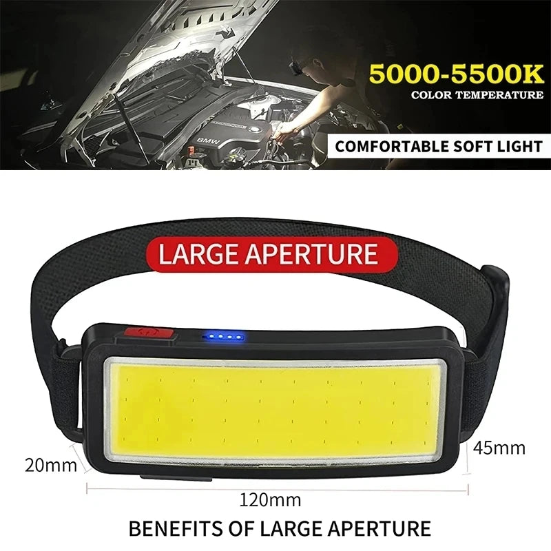 Hemasa Powerful COB Headlamp Built in Battery Type-c Rechargeable Head Flashlight Outdoor Camping Fishing Waterproof Headlight