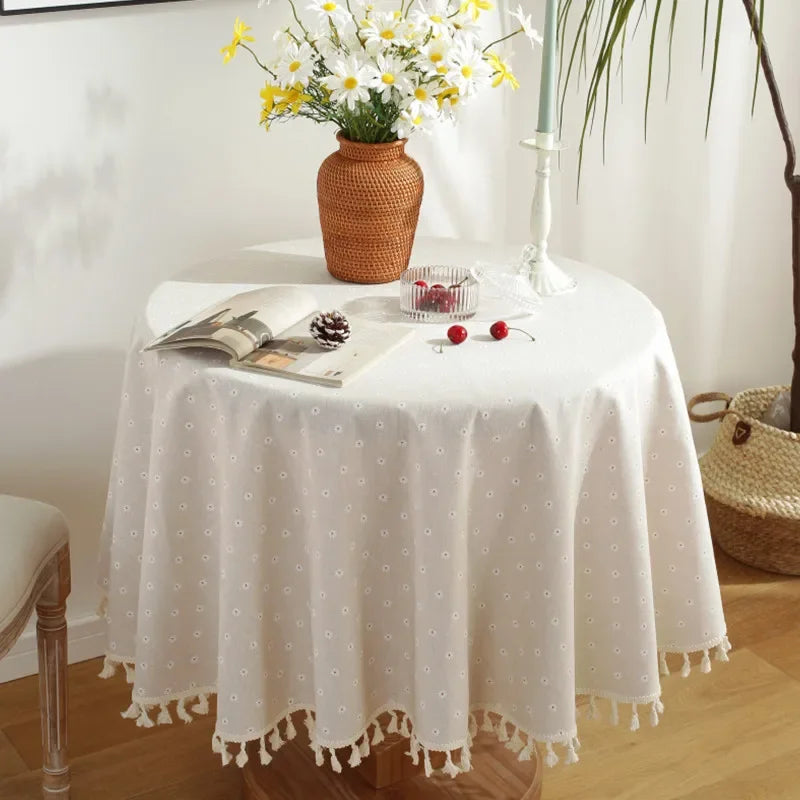 Green Leaves Print Round Tablecloth Cotton Linen Boho Table Cloth with Tassels for Kitchen Restaurant Christmas Party Decoration