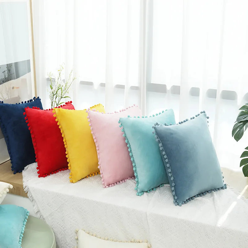 2PCS Simple Decorative Pillowcase Decorative Cushion Pillow Cover Pompoms Solid Cushion For Couch Sofa Bedroom Living Room