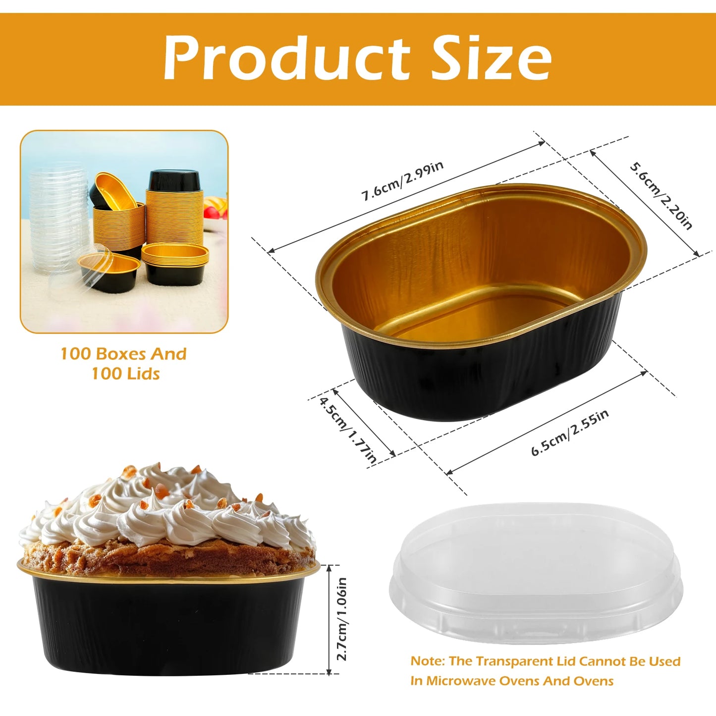 Tejesa 100/50Pcs Aluminum Foil Cake Pans 68ml Heat-Resistant Foil Baking Cups with Clear Lids Mini Oval Cake Pan Reusable Bread Mold