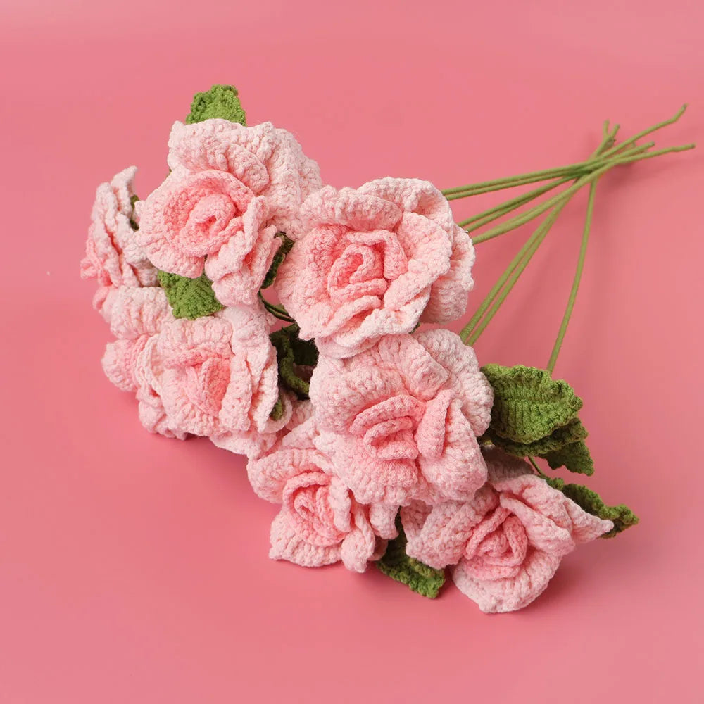 Hemasa 5Pcs Rose Knitted Crochet  Flowers /Wedding Bouquet Flower /Knitted Bouquet Home Party Decor  Friends Gift