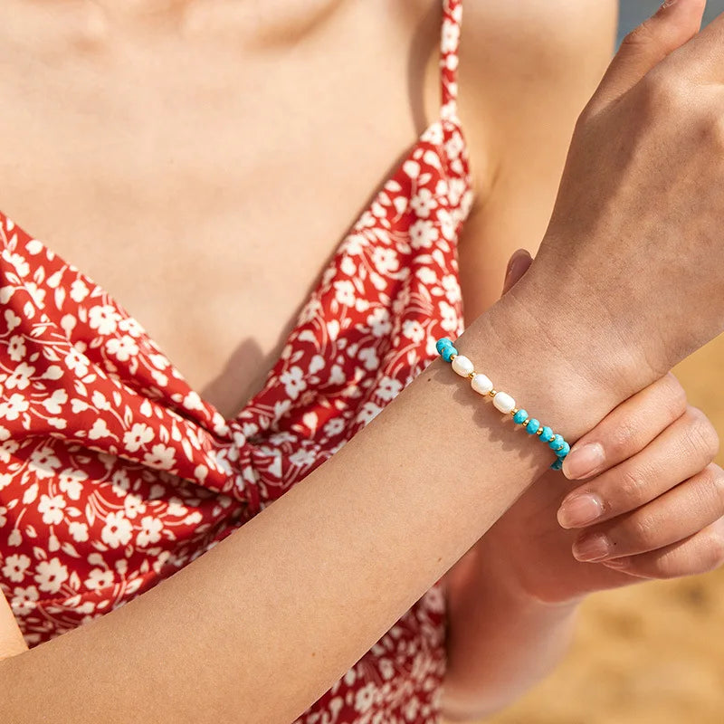 Fashion Blue Turquoise Bracelets Handmade Natural Stone with Gold Plated Beaded Bracelet for Men Women Vintage Jewelry Gift
