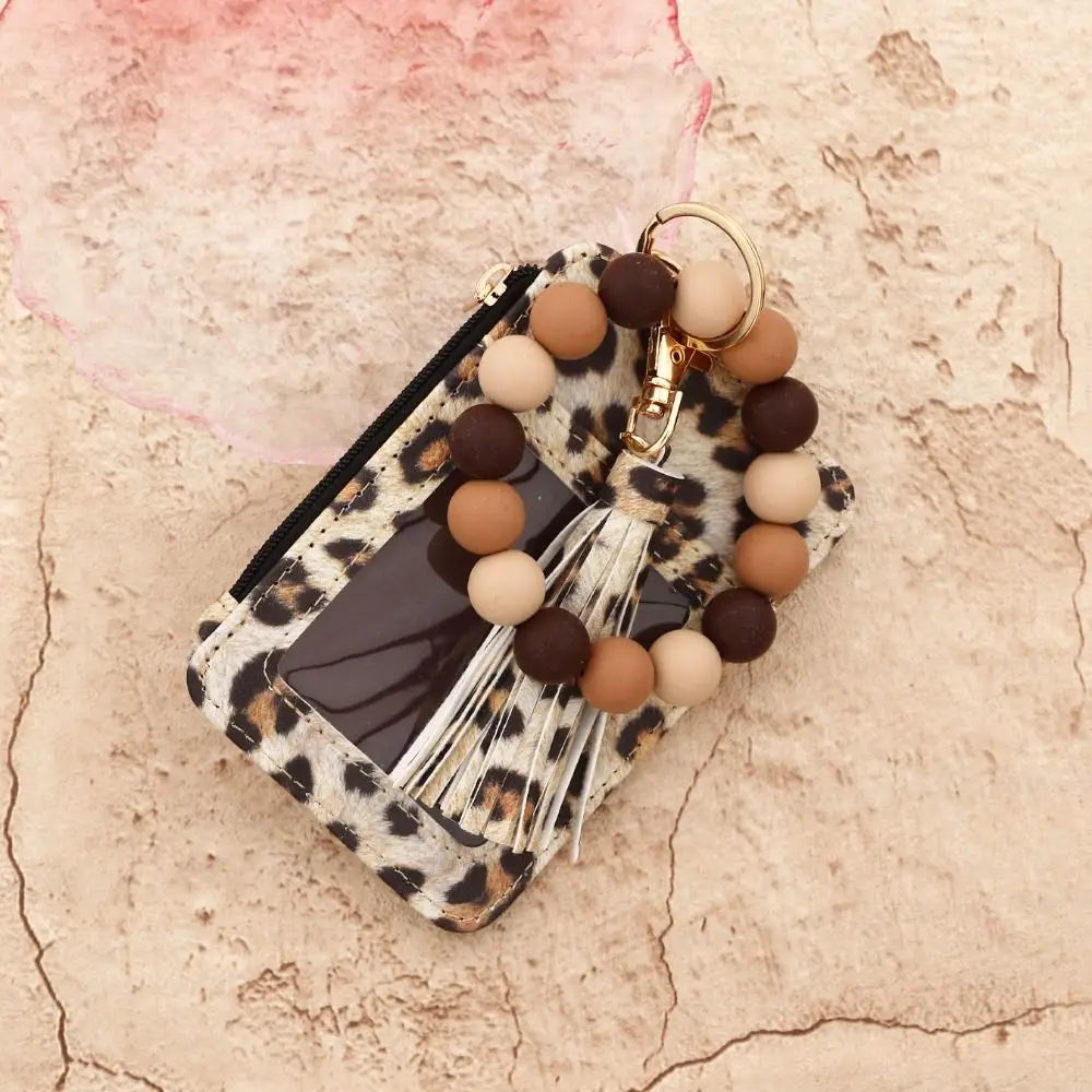 Hemasa Bohemian Style Card Holder Bracelet Keychain Floral Design Faux Leather Beaded Tassel Keychain Tassel Beaded Detail