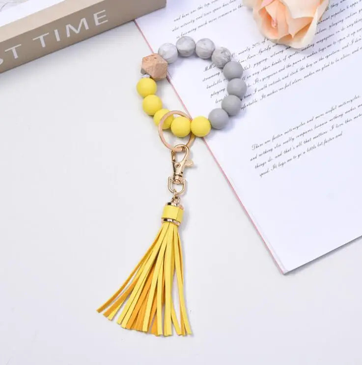 Tassel Wood Silicone Bead Bracelet Key Chain Female Women Hot Selling Bracelet Key Ring Wrist Bangle Keychains Accessory