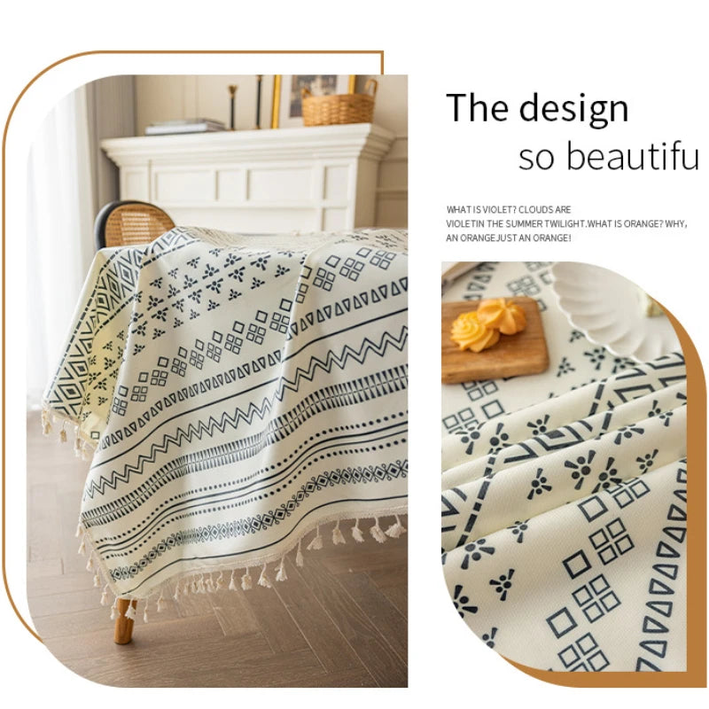 Cotton Linen Tablecloth with Tassel Waterproof Oil-proof Bohemian Style Table Cover Home Decor Camping Picnic Party Table Cloth