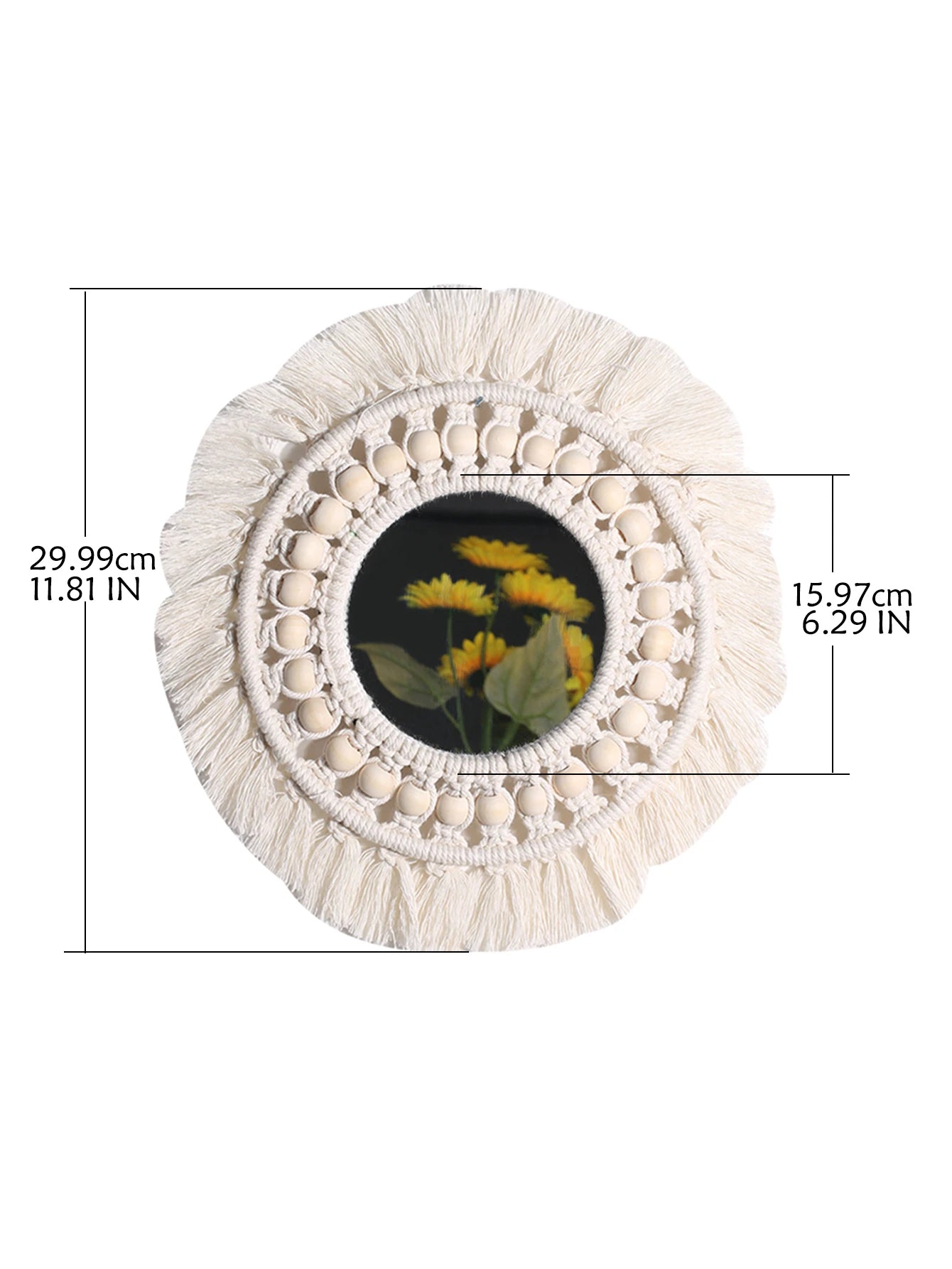 Hemasa Macrame Mirror Round Beige Wooden Beads Mirror Wall Boho Home Decoration Aesthetic Wall Decor Accessories Room Ornament Art Gift