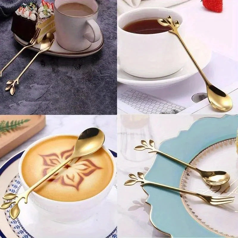 6PCS Creative Personality Stainless Steel Gold Spoons Tree Leaf Spoon Coffee Spoon Tea Spoon Home Restaurant Dessert Cutlery Set