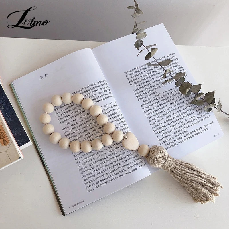 1Pc Log Color Wood Bead Garland Rustic Wall Hanging Hemp Rope Tassel Beaded With Heart Knot Woven Pendant Home Decoration