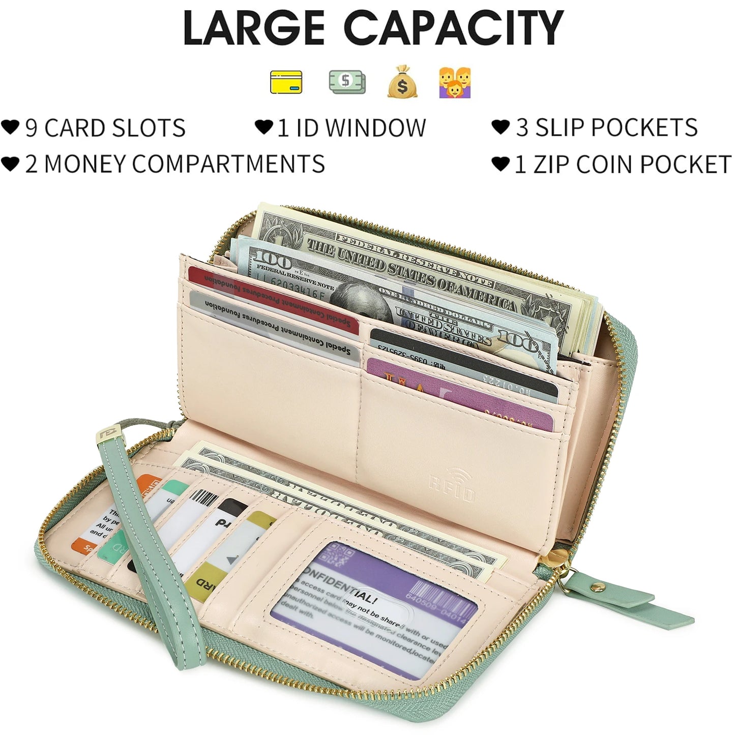 Tejesa RFID Blocking Leather Multi Credit Card Large Capacity Zip Around Wallets Clutch Wristlet Travel Flower Long Purse for Women
