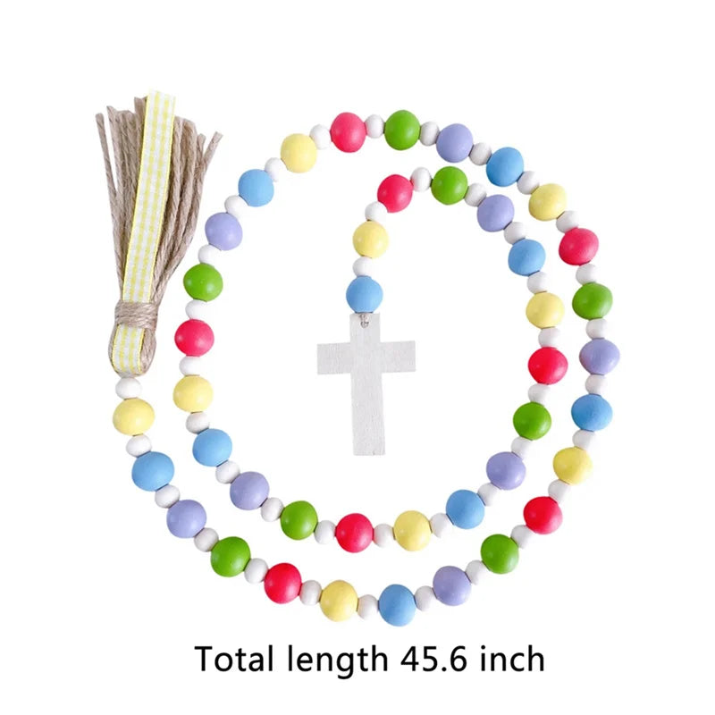 Wood Bead Garlands With Cross Farmhouse Natural Wood Beads Garland Decor For Tiered Tray Rustic Christmas Ornaments