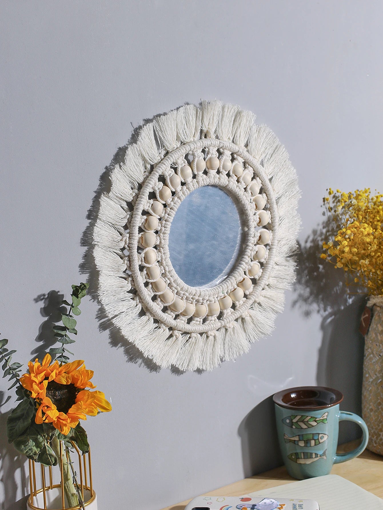 Hemasa Macrame Mirror Round Beige Wooden Beads Mirror Wall Boho Home Decoration Aesthetic Wall Decor Accessories Room Ornament Art Gift