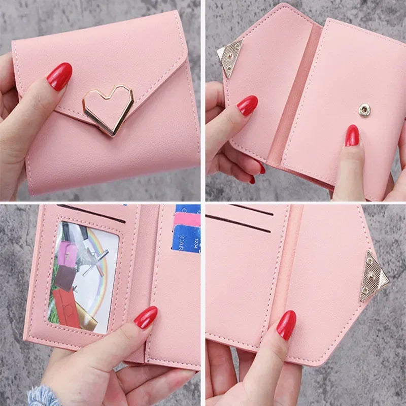Women Heart Short Small Wallet PU Leather Folding Multi Function Clutch Bag Small Purse Female Hasp Card Holder Coin Purses