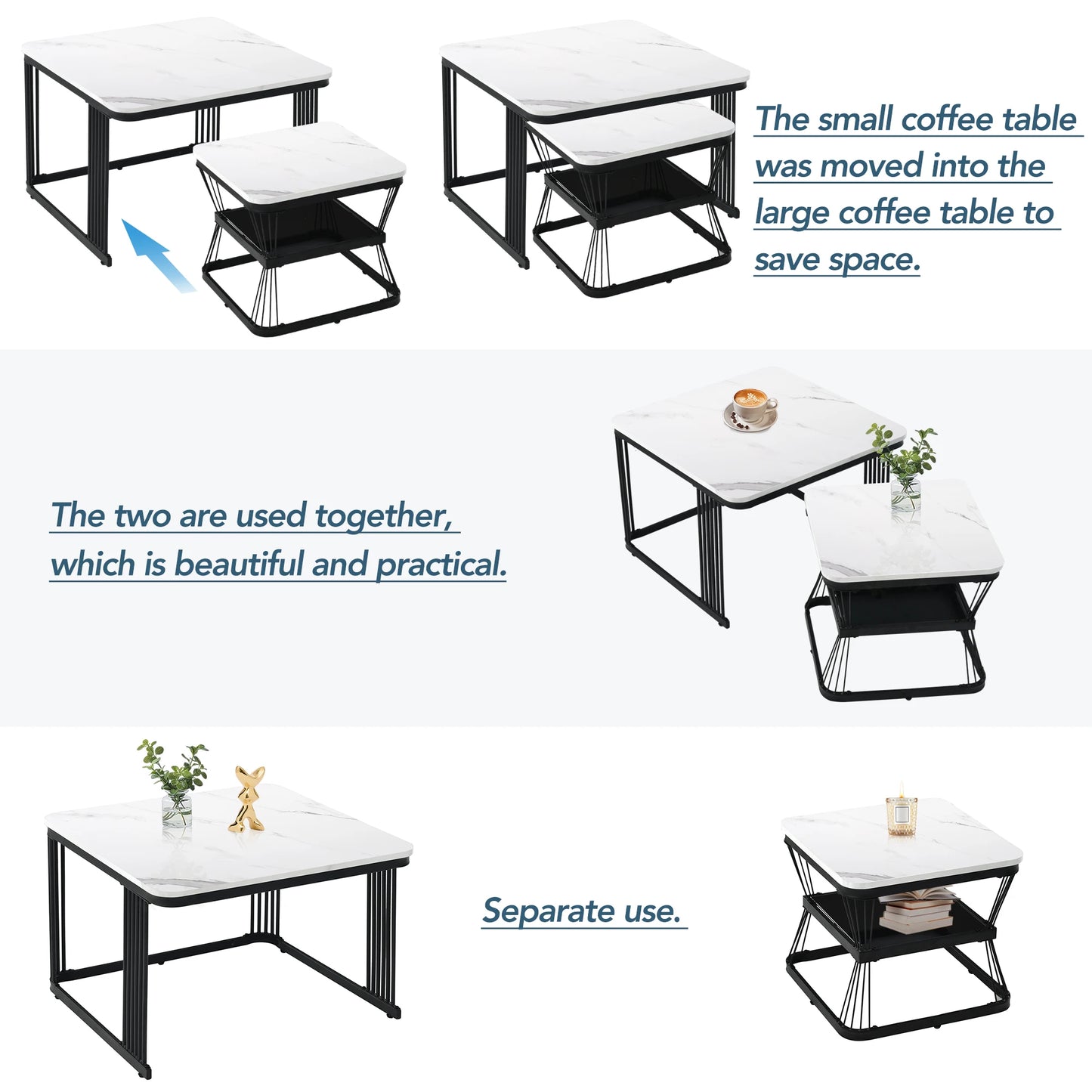 Set of 2 Nesting Tables with Black Metal Frame and Marble Pattern Top, Square Coffee Table Set for Living Room Home