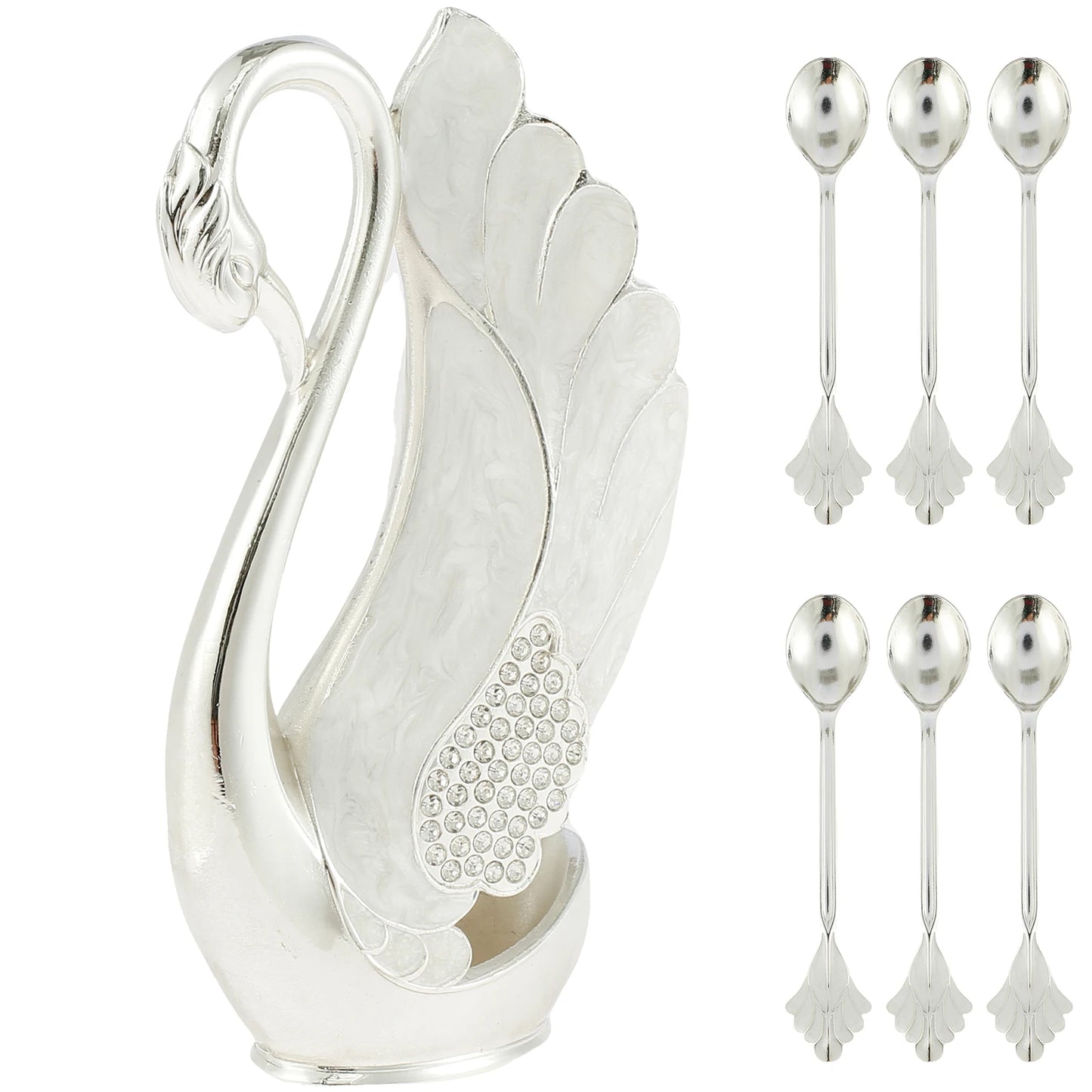 6Pcs Zinc Alloy Teaspoon For Dessert Ice Cream Stirring Coffee Small Spoons with Swan Base Holder Mini Gold Spoon Kitchen Gadget