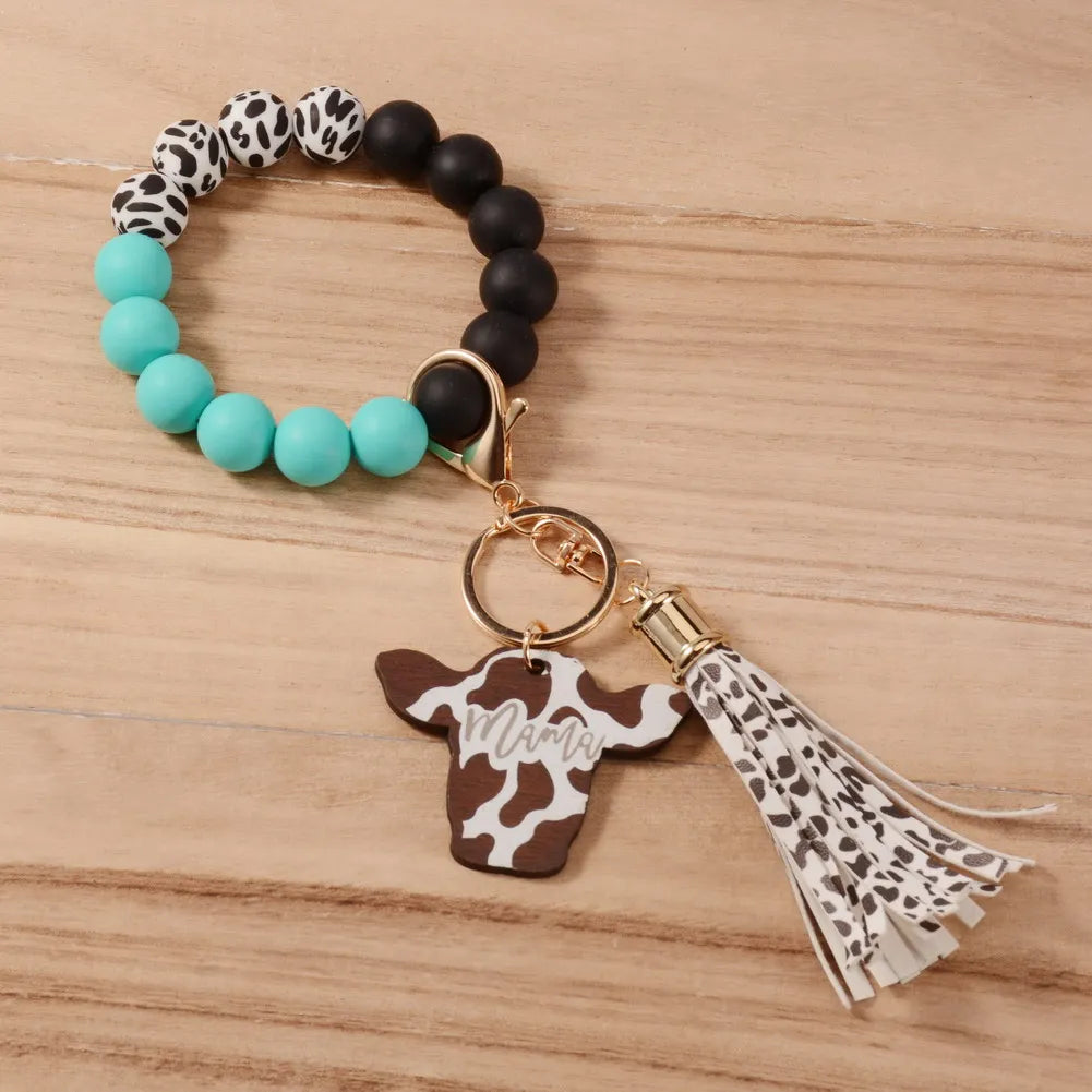 Western Style California Bison Head Shape Shiplap Wooden Engraved MAMA Wristlet Cow Patterns Silicone Beads Bracelet Keychain