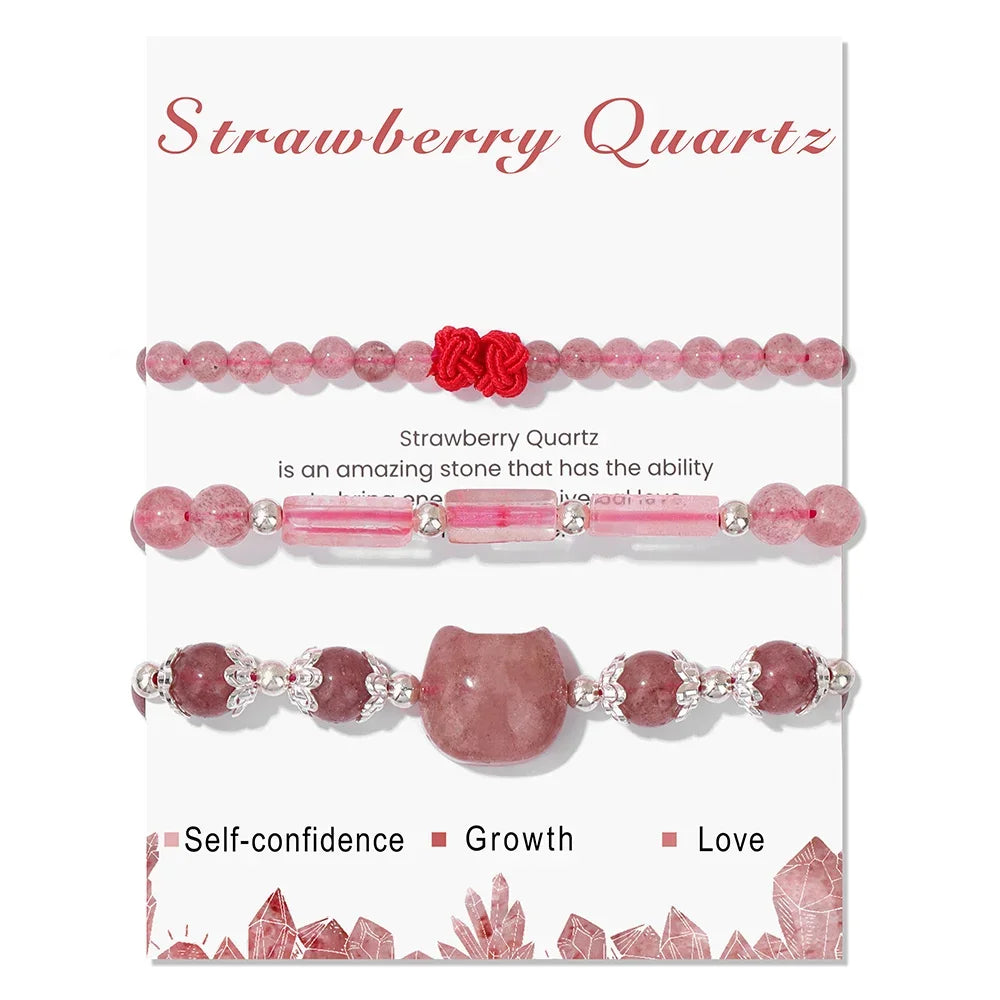 3pcs/set Natural Stone Tiger Eye Turquoises Bracelet Rose Quartzs Crystal Beads Charm Bracelets Cat Head Jewelry for Women Gift
