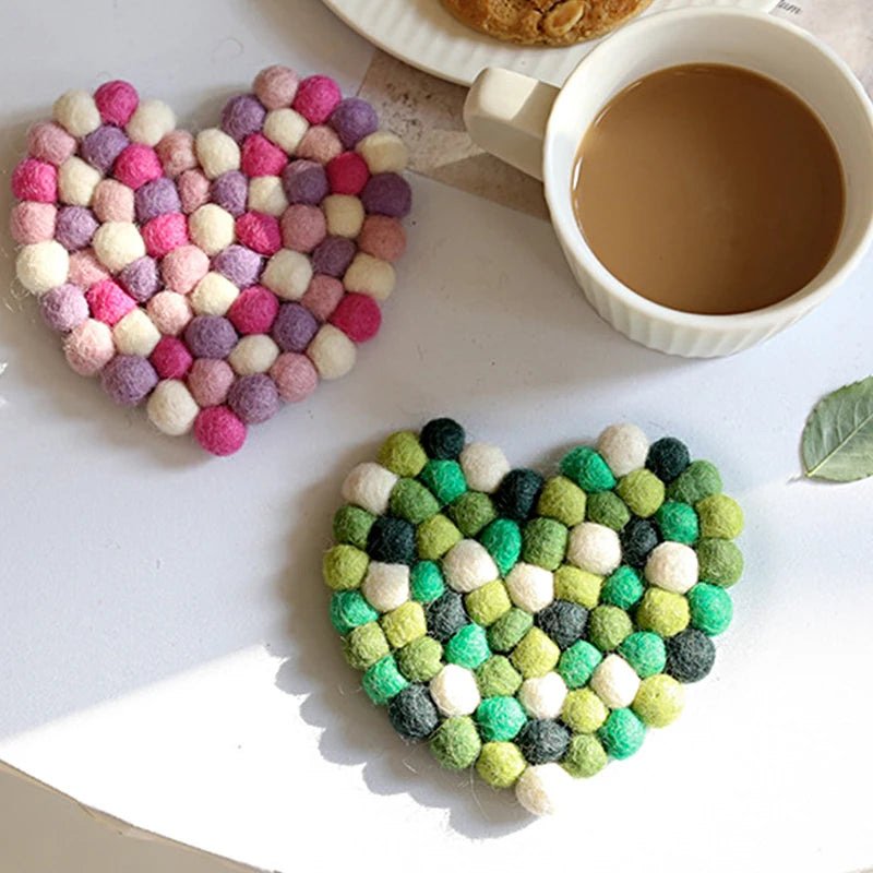 Hemasa Colorful Wool Felt Balls Coaster Hexagon /Heart /Star Shape Coasters