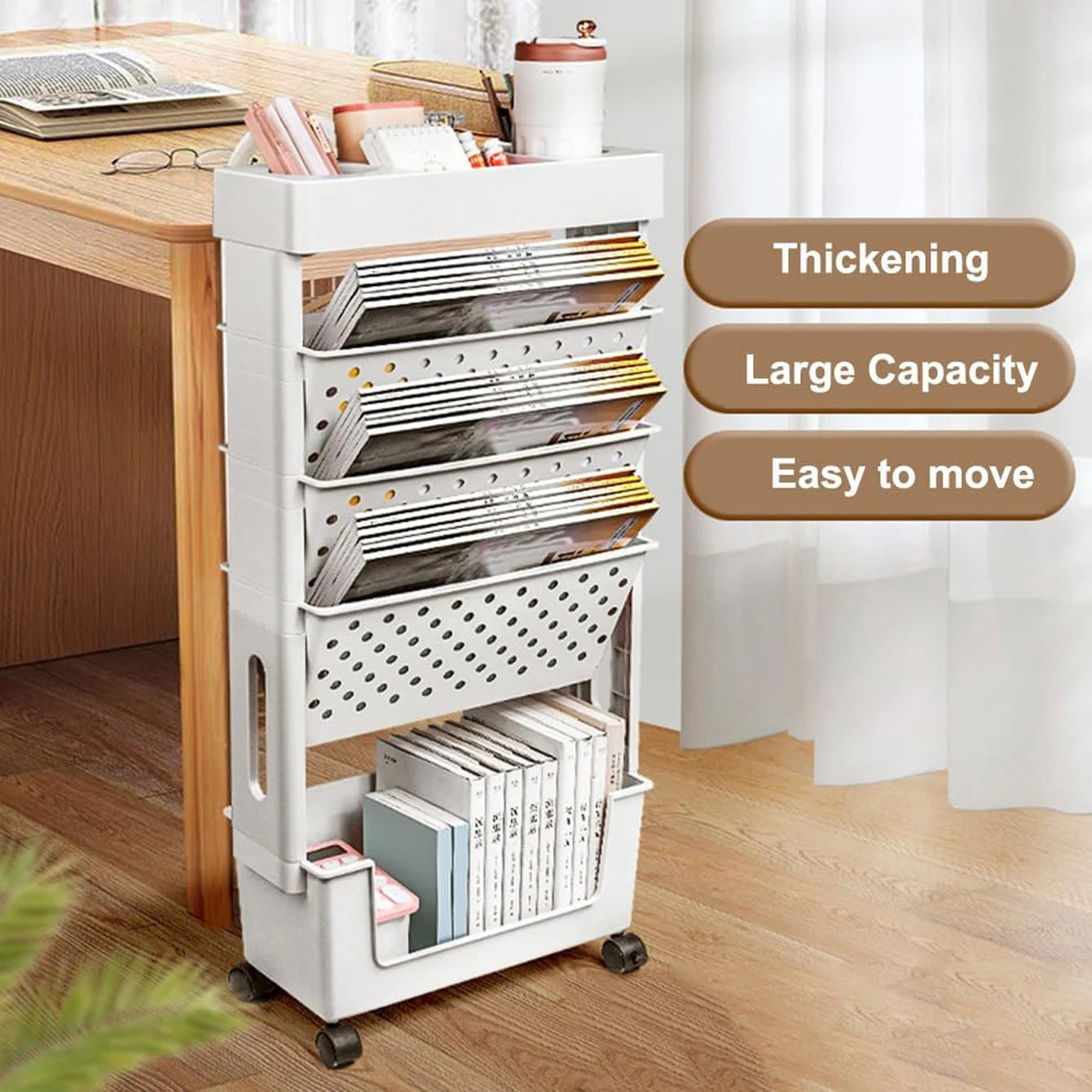 1pc 5 Tier Book Rack Storage Bookshelf, Multilayer Capacity Rotatable Removable Plastic Practical Rolling Organization