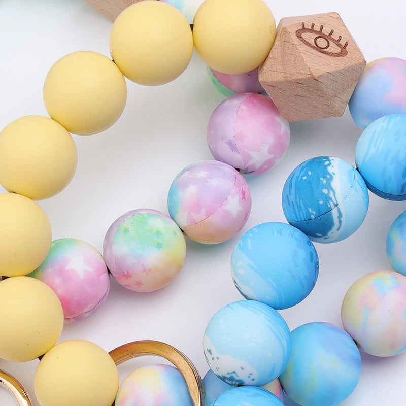 Colored Silicone Bead Bracelet PU Tassel Keychain Wristlet Bracelet Pendant Keychain Woman Man Jewelry Accessories Gifts