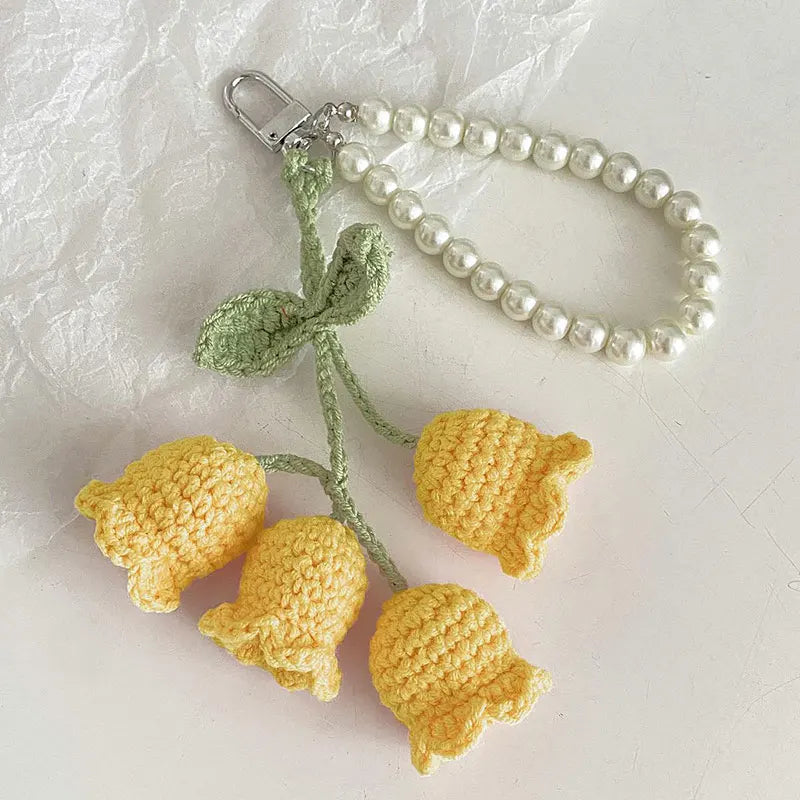 Hemasa 1pc Sweet Wool Crochet Lily Of The Valley Keychain Girls Pearl Chain Bag Pendant