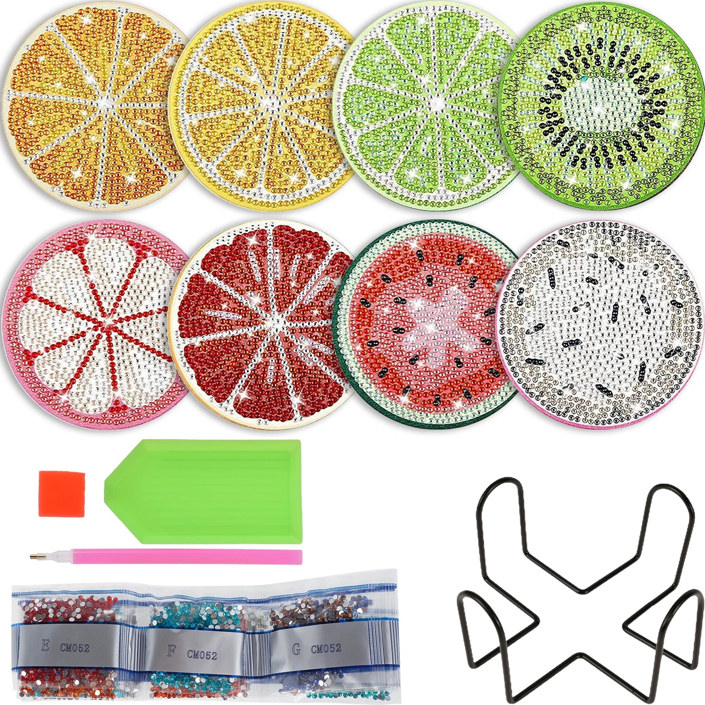 13Pcs Diamond Painting Coasters Kit Decorative Fruit Pattern Art Cup Coaster with Holder Round Small Tabletop Protection Coaster