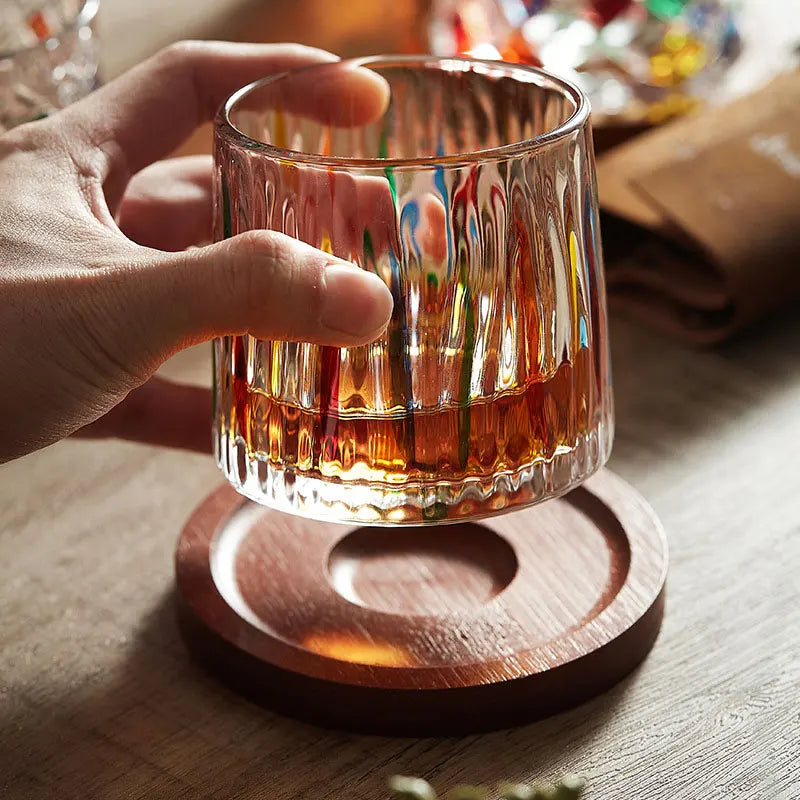 Hemasa 250 ml Rotating Crystal Whiskey Glasses With Wooden Coaster Tray/ Colored Glass Cup/ Colored Stress Relief Glass Cup