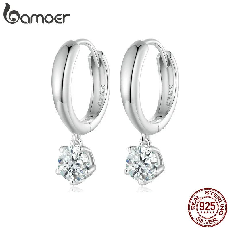 Bamoer 925 Sterling Silver 0.5CT Moissanite Ear Buckles Classic Hoop Earrings for Women Engagement Wedding Fine Jewelry Gift
