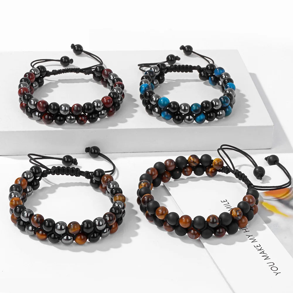 Tejesa Triple Protection Bracelet 6mm Beads Black Obsidian Hematite Tiger Eye Rope Bracelet for Men Women Weight Loss Slimming Bangle
