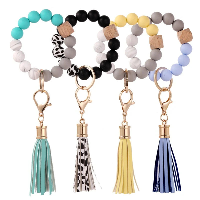 Silicone Keychain For Keys Tassel Wood Beads Bracelet Keyring For Women Accessories Multicolor Keychain Wholesale Hot Sale 2022