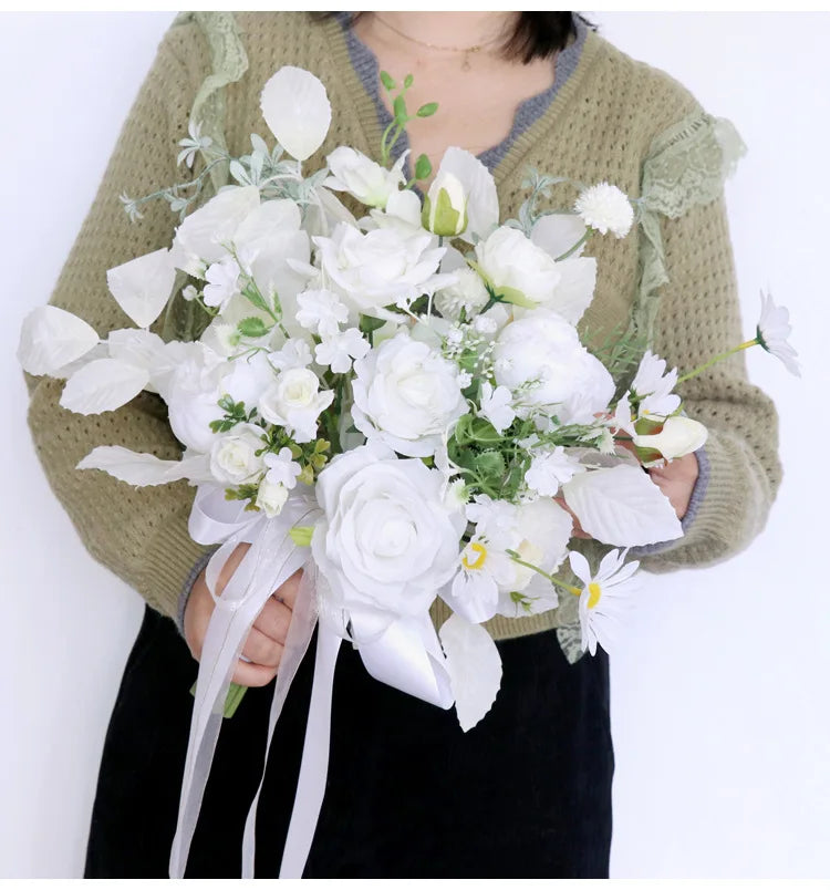 Tejesa  white Colour Handmade Artificial  Flowers  Wedding Bouquet for Bride / Bridal Bouquet for Boho Wedding Ceremony Decor
