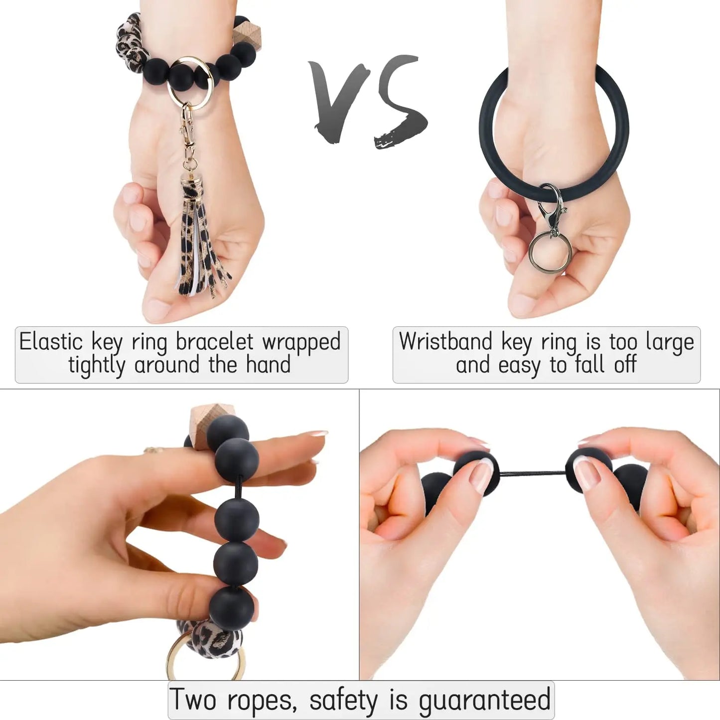 Hemasa Key Ring Bracelet Car Keychain Holder Wristlet / Silicone  Beaded Bangle Chains With  Leather Tassel