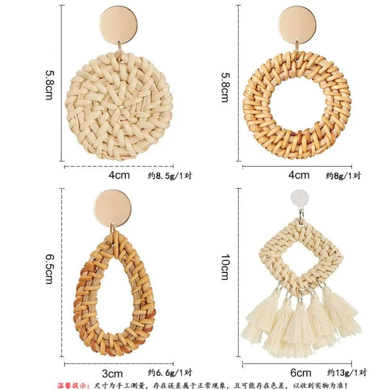4 Pairs Handmade Raffia Rattan Bohemian Round Drop Dangle Earrings for Women, Boho Statement Cute Fun Hoop Earrings Set