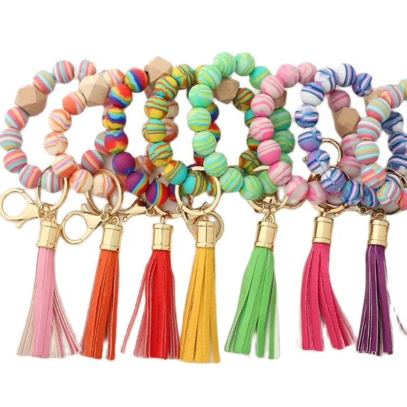 Silicone Keychain For Keys Tassel Wood Beads Bracelet Keyring For Women Multicolor Beads Keychain Fashion Keychain Wholesale