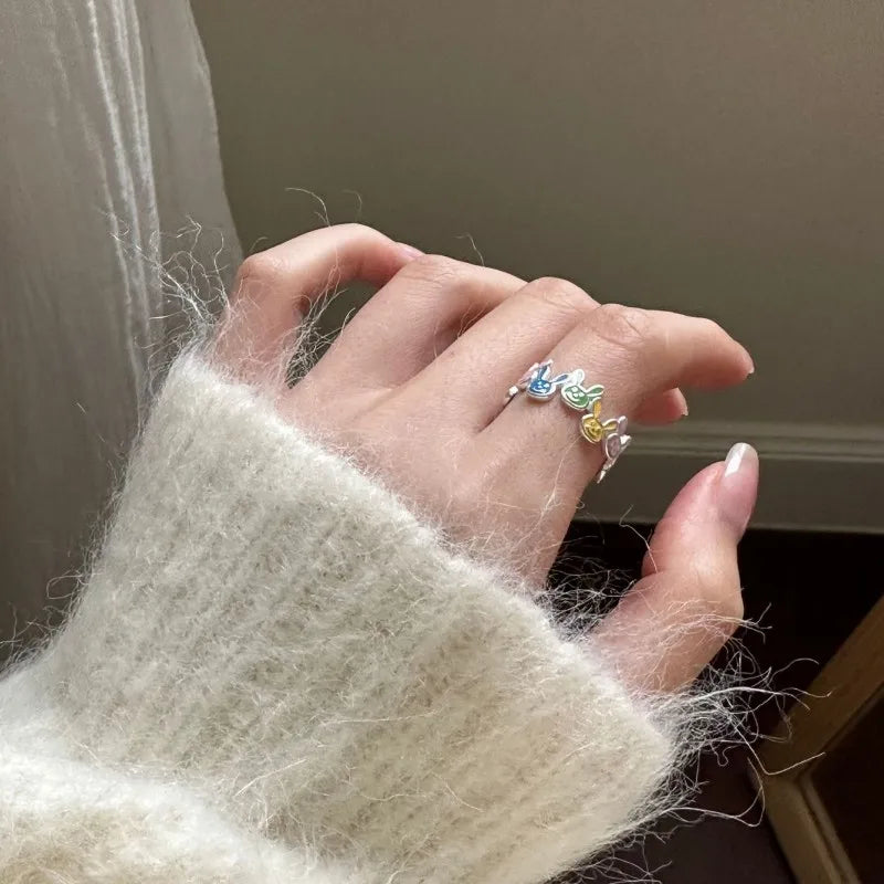 Buyee 925 Sterling Silver Cute Ring Finger Simple Candy Rabbit Animal Open Ring for Woman Girl Fashion Party Fine Jewelry Circle