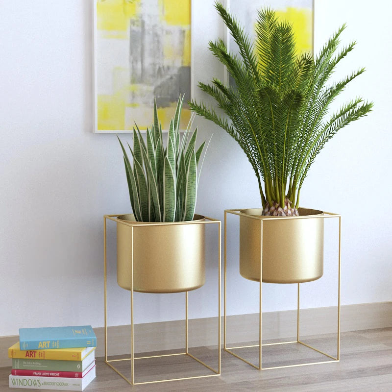 Gold Metal Plant Stands with Planters – Modern Tall Floor Stands for Indoor Plants, Living Room & Balcony Decor