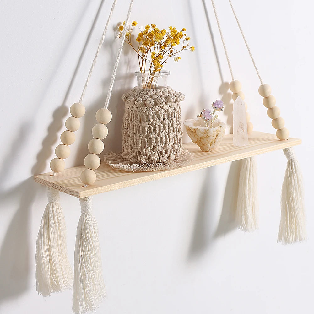 Hemasa 2Pcs Wooden Wall Shelf   Wood Beads /Macrame Leaf Floating Shelves