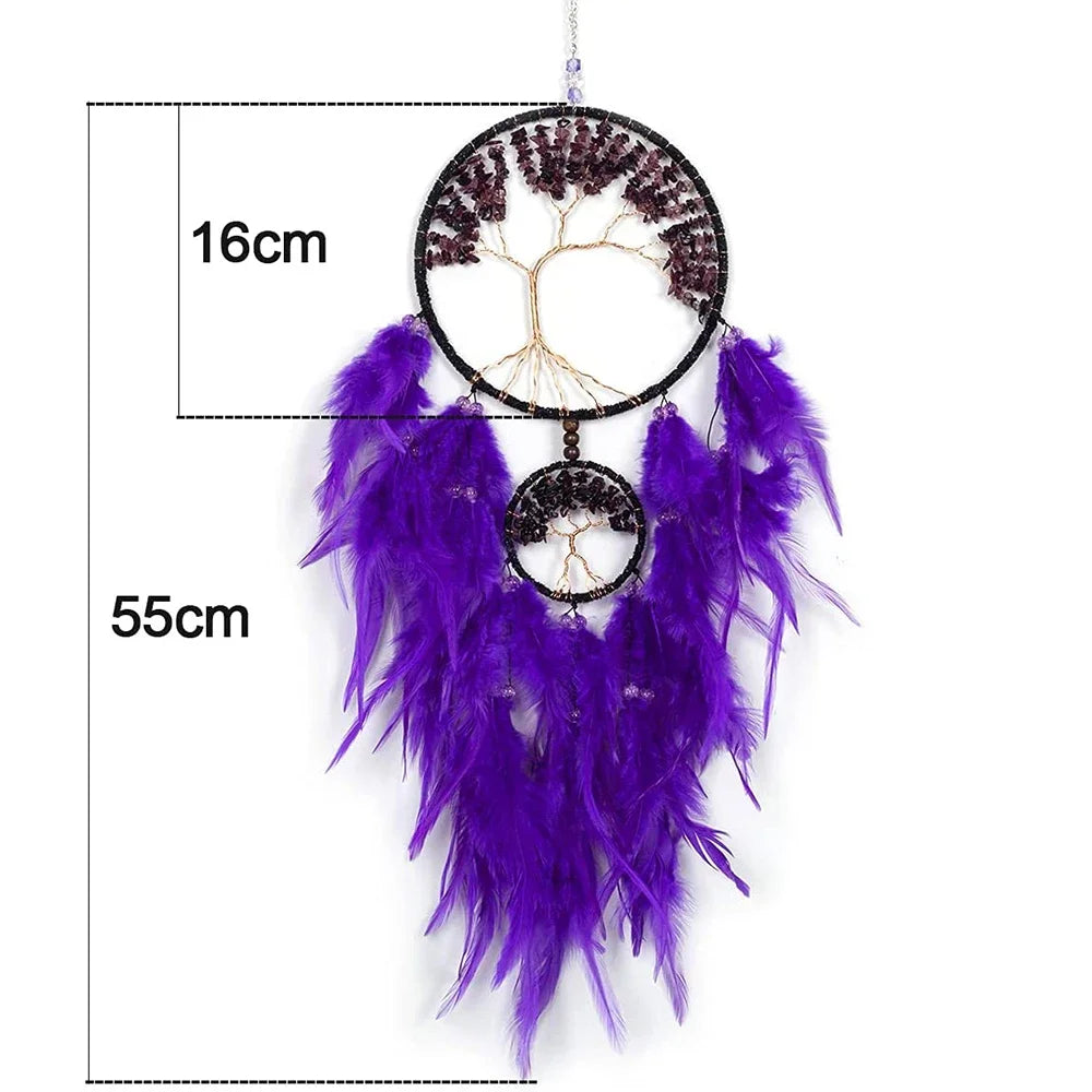 Tejesa Purple Dream Catcher   with Healing Crystal Stones /Feather Dual Tree of Life Hanging Ornament for Home/ Bedroom /Party/ Gift