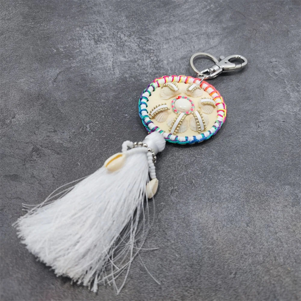 Leather Tassel With Colorful Pompons Handbag Accessorise Boho Style Keychains For Women Keyring Jewelry