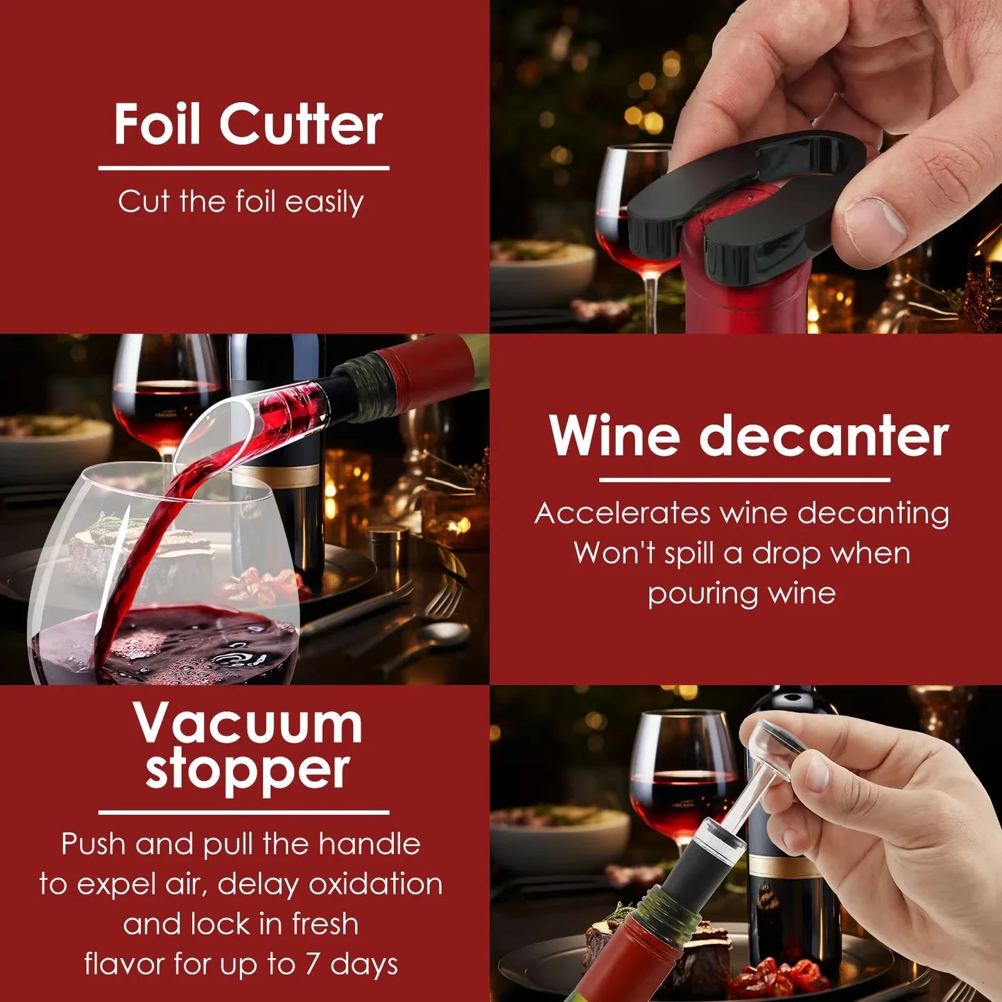 Tejesa 4In1 Electric Wine Opener Set /Rechargeable Automatic Corkscrew Bottle Opener with Foil Cutter Pourer Vacuum Stopper Storage Base