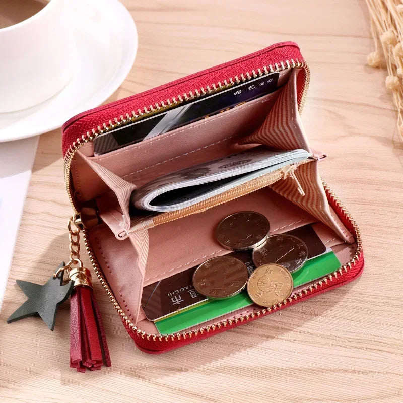 Hemasa PU Zipper Short Wallet Women Little Star Tassel Pendant Multi-card Slots Card Wallet Coin Purse