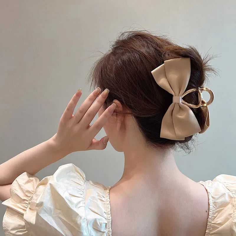 Hemasa Black Satin Bow Clip Women’s  Summer Headwear  Temperament Hair Clip Back of the Head Shark Clip