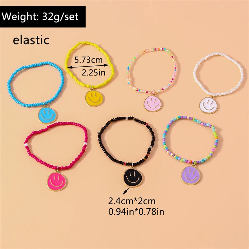 Hemasa 7Pcs/Set Bohemian Handmade Colorful Beads Bracelet for Women Cute Smile Face Charms Bracelets Girls Party Holiday Jewelry Gifts