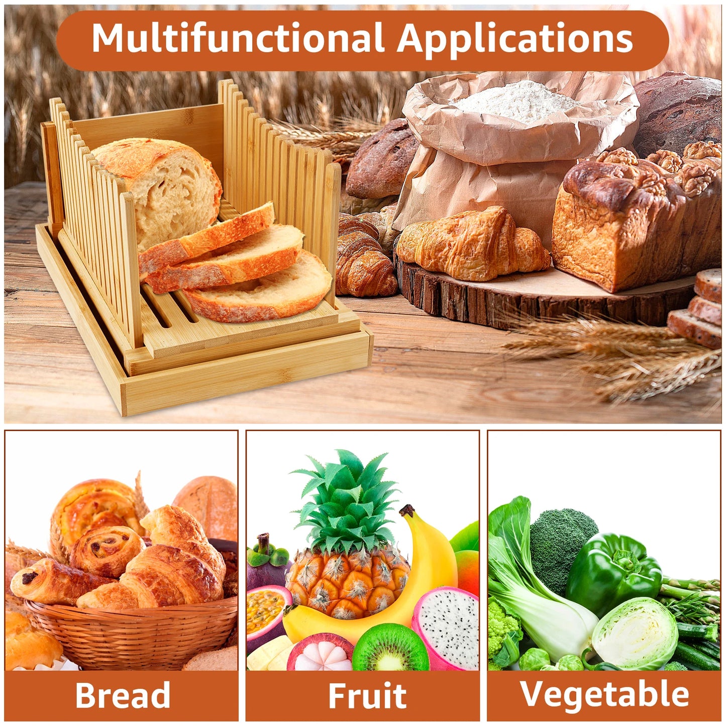 Tejesa Bread Slicer Foldable Toast Bread Slicer with Crumb Tray Fruit Cutting Board Adjustable for Bread Loaf Cakes Reuse Slicing Guide