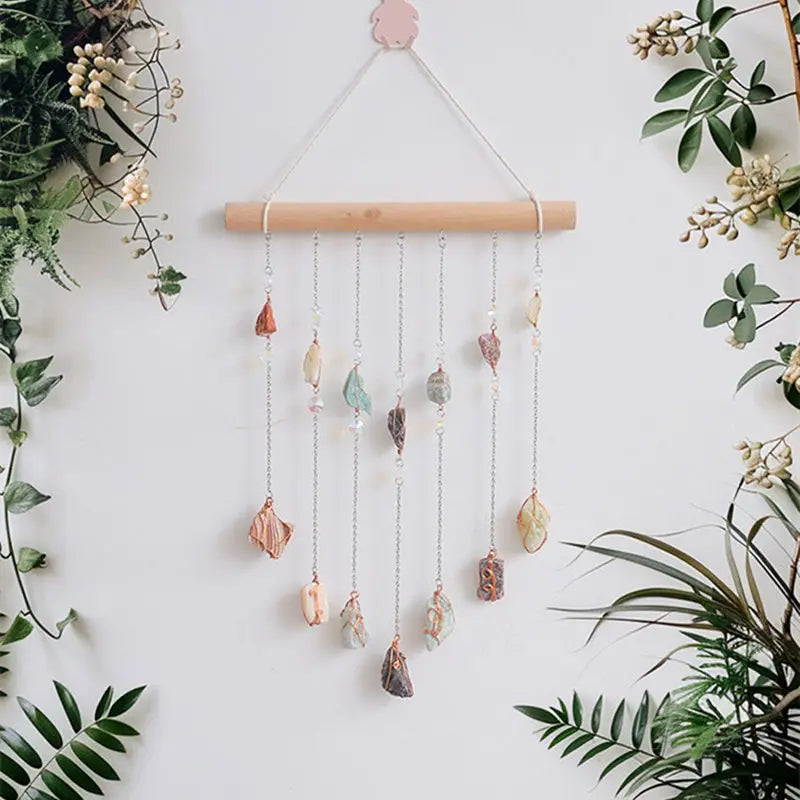 Natural Raw Stones 7 Chakras Crystals Reiki Healing Wooden Hanging Ornament Gemstones Suncatcher Home Decor for Yoga Meditation
