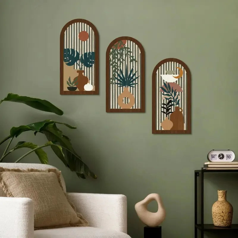 Hemasa 3pcs Wooden Wall Art Boho Modern Decor Hollow Crafted with Vases Plants & Banana Leaves for Home Office